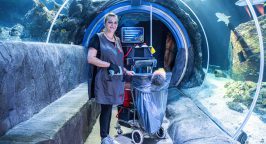 Sea Life Oberhausen: Reinigungskraft von Rudolf Weber Gebäudedienste vor dem großen Aquarium. Im Hintergrund schwimmen Haie.
