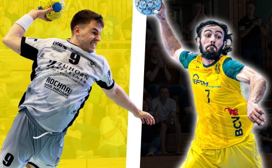 Ein Spieler des ETB SW Essen mit einem Spieler von Eintracht Hagen.