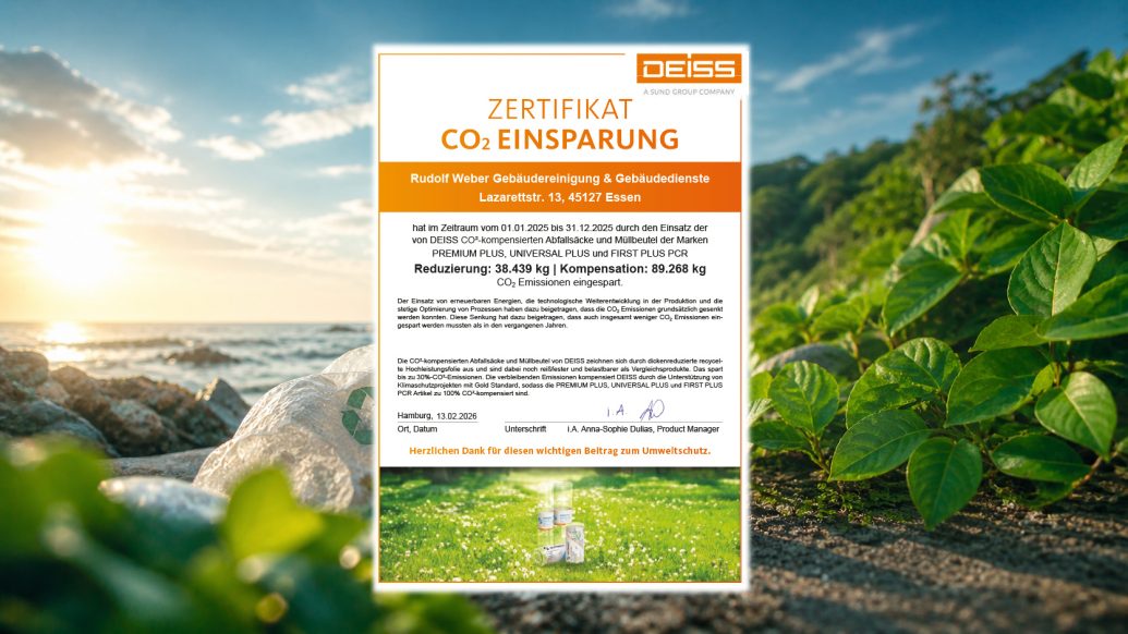 Die Urkunde von Deiss belegt, dass Rudolf Weber Gebäudedienste auch 2025 klimafreundliche Müllbeutel einsetzte.