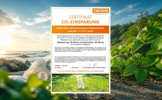 Die Urkunde von Deiss belegt, dass Rudolf Weber Gebäudedienste auch 2025 klimafreundliche Müllbeutel einsetzte.